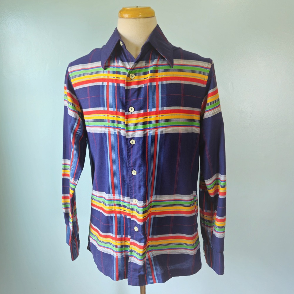 Vintage 70s Damon Mens Navy Blue Rainbow Stripe Plaid Disco Shirt Large